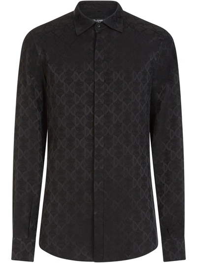 Dolce & Gabbana Silk Jacquard Gold-fit Shirt With All-over Dg Logo In Black