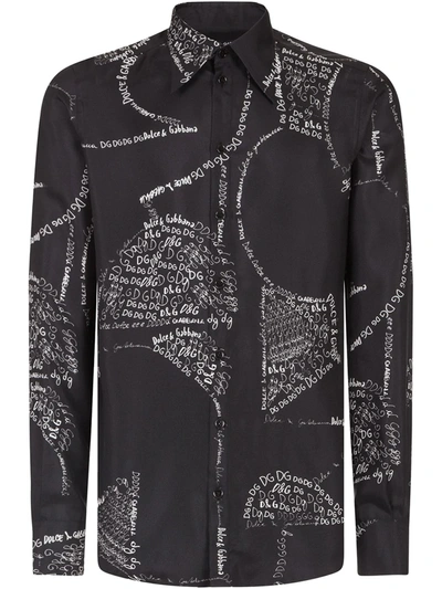 Dolce & Gabbana Silk Hawaiian Shirt With All-over Dg Lettering Print In Black