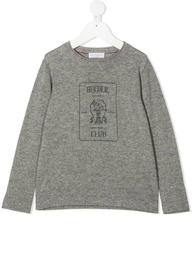 Brunello Cucinelli Kids' Long Sleeve Printed T-shirt In Grey