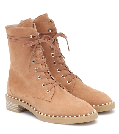 Stuart Weitzman Sondra Faux Pearl-embellished Suede Ankle Boots In Tan