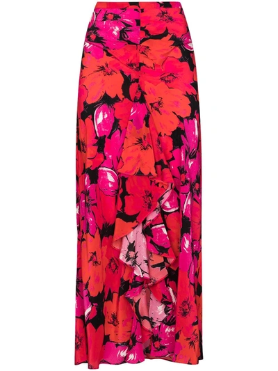 Rixo London Vi Ruffled Floral-print Silk Crepe De Chine Midi Skirt In Pink
