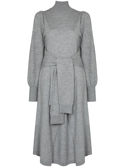 Ulla Johnson Astrid Belted Draped Merino Wool Midi Dress In Light Gray