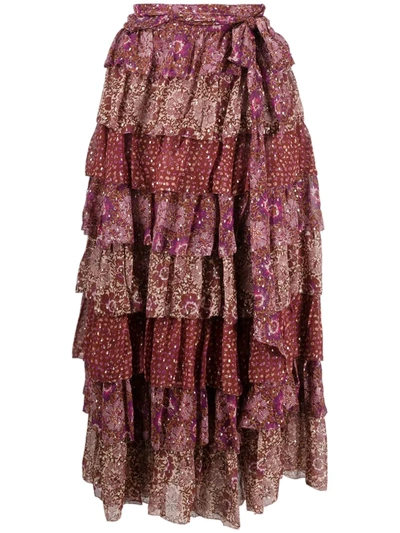 Ulla Johnson Fayanna Tiered Floral-print Fil Coupé Silk-blend Midi Skirt In Claret Patchwork