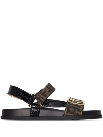 Fendi Logo-embellished Canvas And Croc-effect Leather Sandals In Black