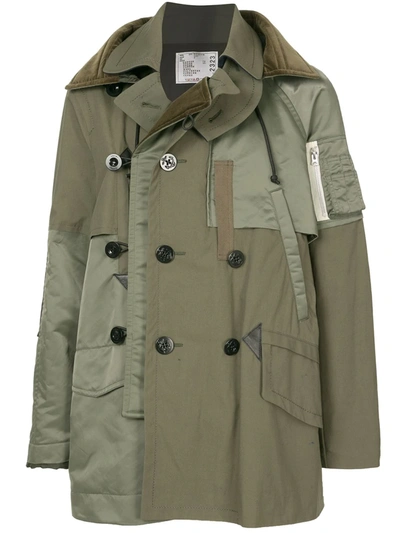 Sacai Double-breasted Panelled Coat In Green