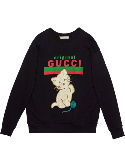 Gucci Embroidered Cat Logo Sweatshirt In Black