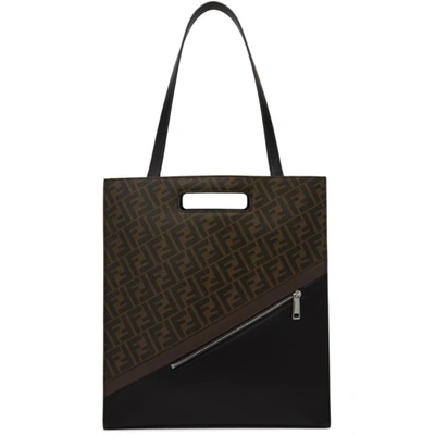 Fendi Ff Fabric Shoping Bag In Brown In Black