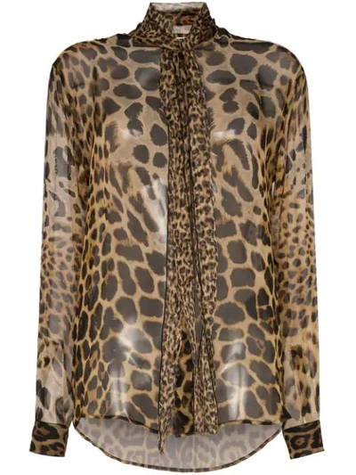 Saint Laurent Bow Tie Blouse In Leopard-print Silk Chiffon In Brown
