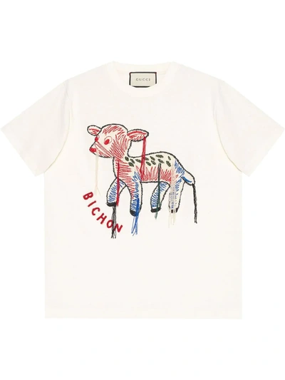 Gucci White Bichon Embroidered Cotton T-shirt In Off-white Cotton Jersey