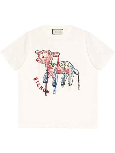 Gucci White Bichon Embroidered Cotton T-shirt In Off-white Cotton 