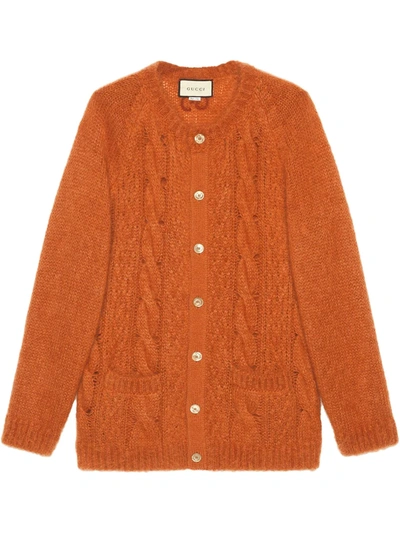 Gucci Cable Knit Mohair Cardigan With Gg In Orange