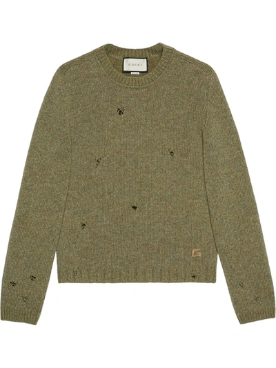 Gucci Square-g Logo Distressed Wool Sweater In Green