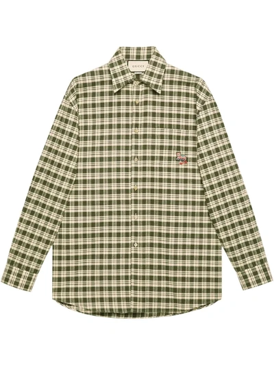 Gucci Cat-embroidered Check Cotton-poplin Shirt In Green
