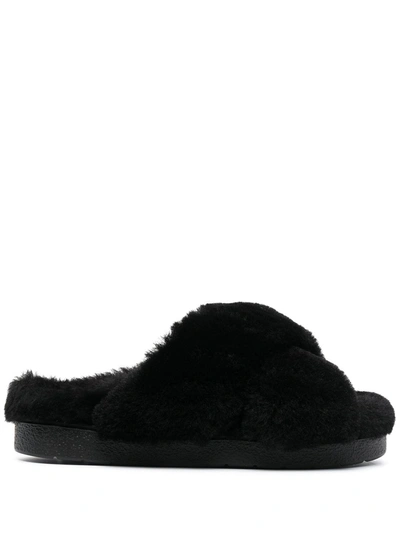 Inuikii Crossover-strap Shearling Slides In Black