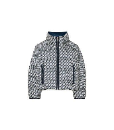 Tory Sport Cropped Printed Performance Satin Down Jacket In Tory Navy Diagonal T