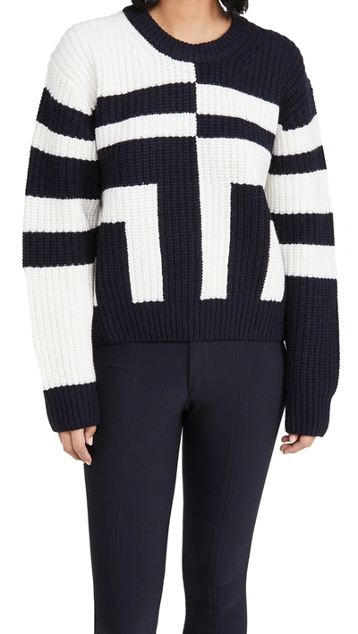 Tory Sport Tory Burch Ribbed Merino T Sweater In Tory Navy/snow White