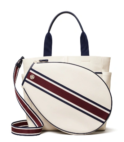 Tory Sport Canvas Convertible Stripe Tennis Tote In Ivory Pearl
