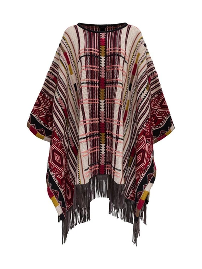 Etro Ikat Jacquard Poncho With Fringes In Multicolor