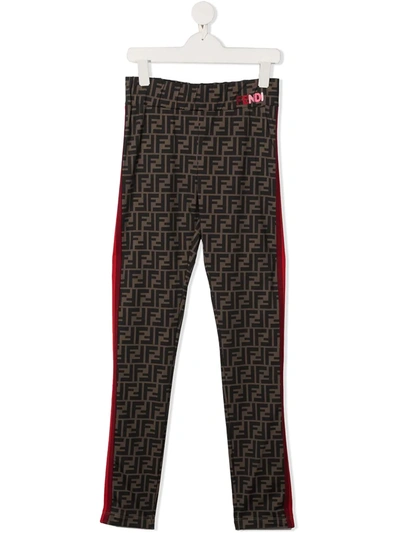 Fendi Kids' Leggings With Logoed Texture And Side Bands In Brown