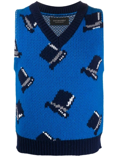 Viktor & Rolf Hat Intarsia Knitted Waistcoat In Blue
