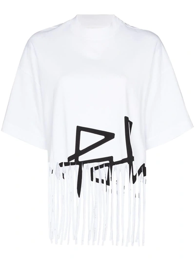 Palm Angels Fringed Logo Cotton T-shirt In White