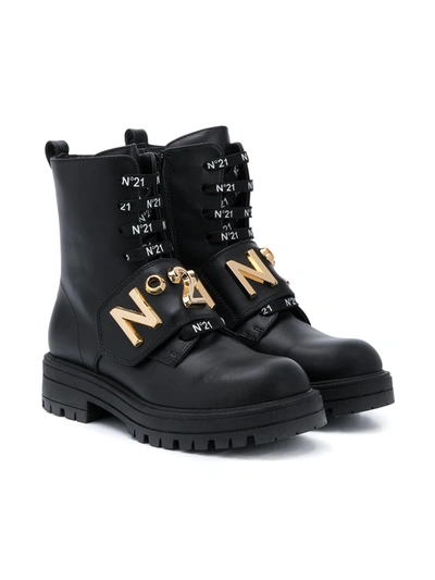 N°21 Teen Logo Plaque Ankle Boots In Black