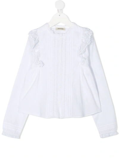 Zadig & Voltaire Kids' Frill Pleated Long-sleeve Blouse In White