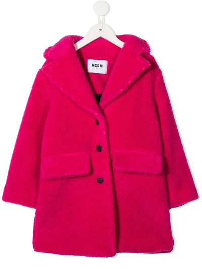Msgm Kids' Embroidered Logo Faux Fur Coat In Pink