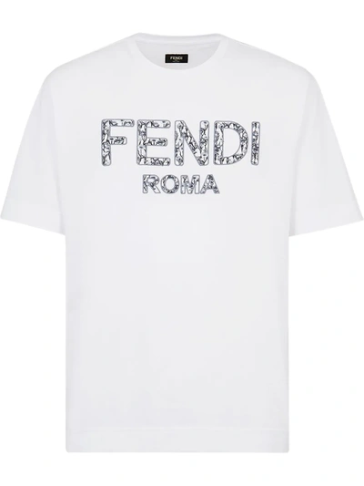 Fendi Roma Floral Logo Applique Graphic Tee In White