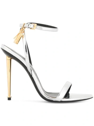 Tom Ford Padlock Metallic Leather Sandals In Silver