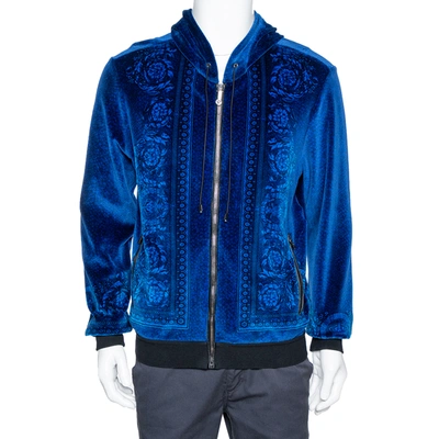Pre-owned Versace Blue Jacquard Velvet Leather Trim Zip Front Hoodie S