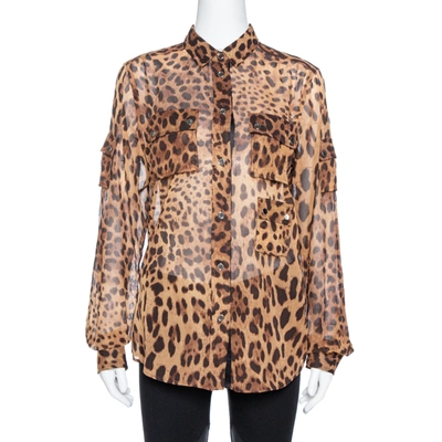 Pre-owned Dolce & Gabbana Brown Leopard Print Cotton & Silk Button Front Shirt M