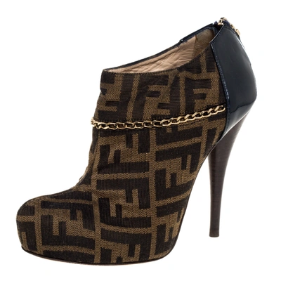 Pre-owned Fendi Brown/blue Zucca Canvas And Patent Leather Platform Ankle Booties Size 37.5