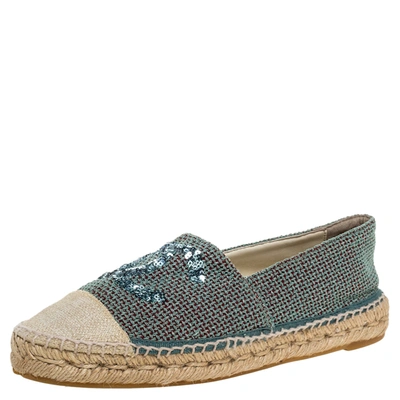 Pre-owned Chanel Green/beige Canvas Sequin Cc Espadrille Flats Size 39