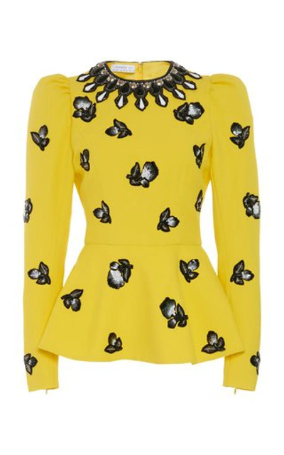 Andrew Gn Embellished Crepe Peplum-hem Top In Yellow