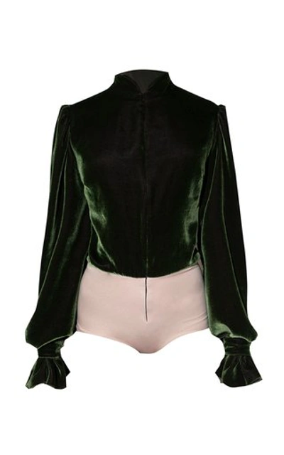 Andres Otalora Jinete Balloon-sleeve Velvet Bodysuit In Green