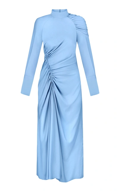 Anna October Ruched Crepe Long Sleeve Midi Dress In Blue