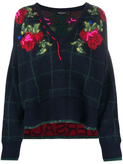 Versace Rose Check-intarsia Jumper In Blue