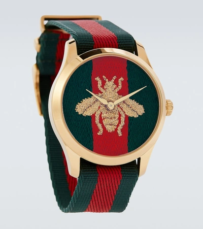 Gucci Men's Timeless Embroidered Bee Watch In Yellow Gold
