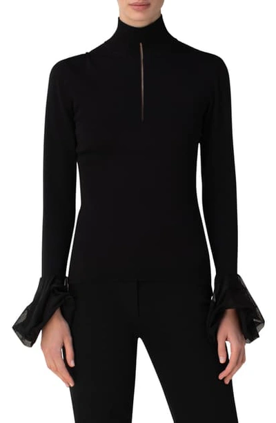 Akris Flounce Cuff Silk Turtleneck Sweater In Black