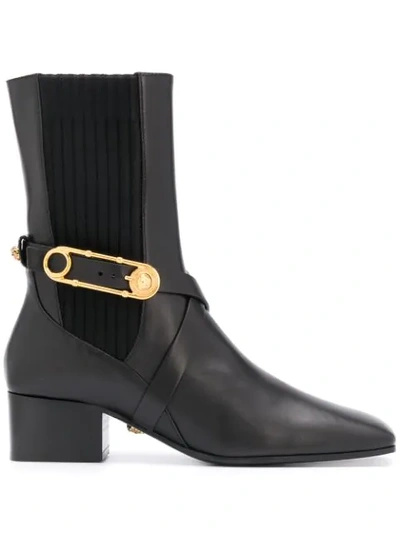 Versace Black 40 Safety Pin Leather Ankle Boots