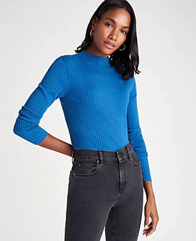 Ann Taylor Petite Ribbed Mock Neck Sweater In Amalfi Blue