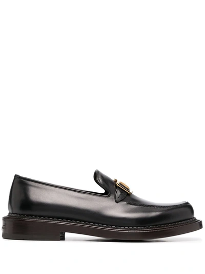 Ferragamo Gancini And Stud Leather Loafers In Black