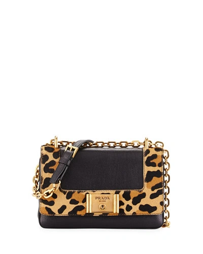 Prada Leopard-print & Calfskin Flap Shoulder Bag, Black/honey (nero+miel)  In Black Leopard | ModeSens