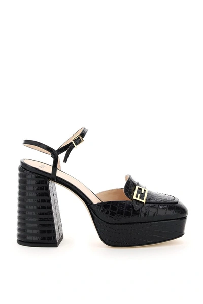 Fendi High-heel Platform Slingback Loafers In Black