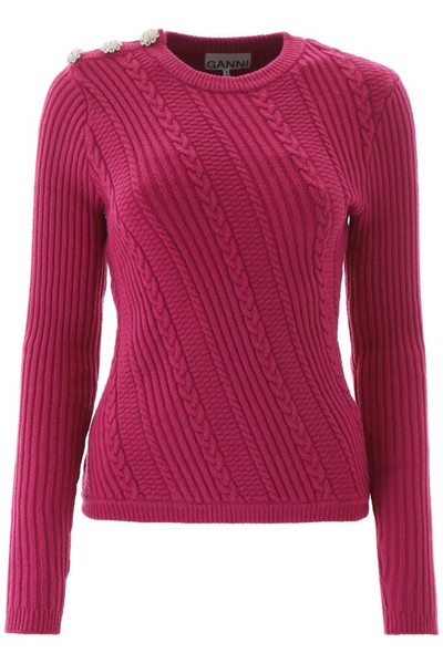 Ganni Crystal Button Pullover In Fuchsia Red