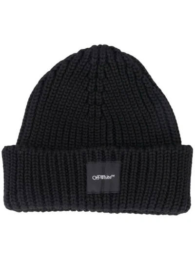 Off-white Logo-patch Ribbed-knit Beanie In Black