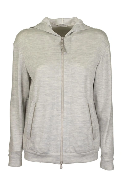 Brunello Cucinelli Light Cotton And Silk Terry Sweatshirt With Jewels In Light Grey