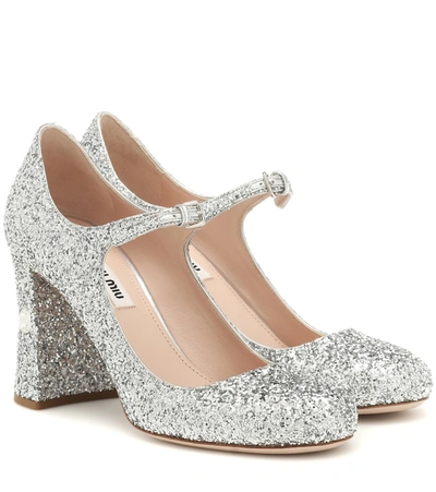 Miu Miu Glittered Crystal-heel Mary Jane Pumps In Silver