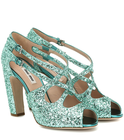 Miu Miu Glitter Open Toe Sandals In Green